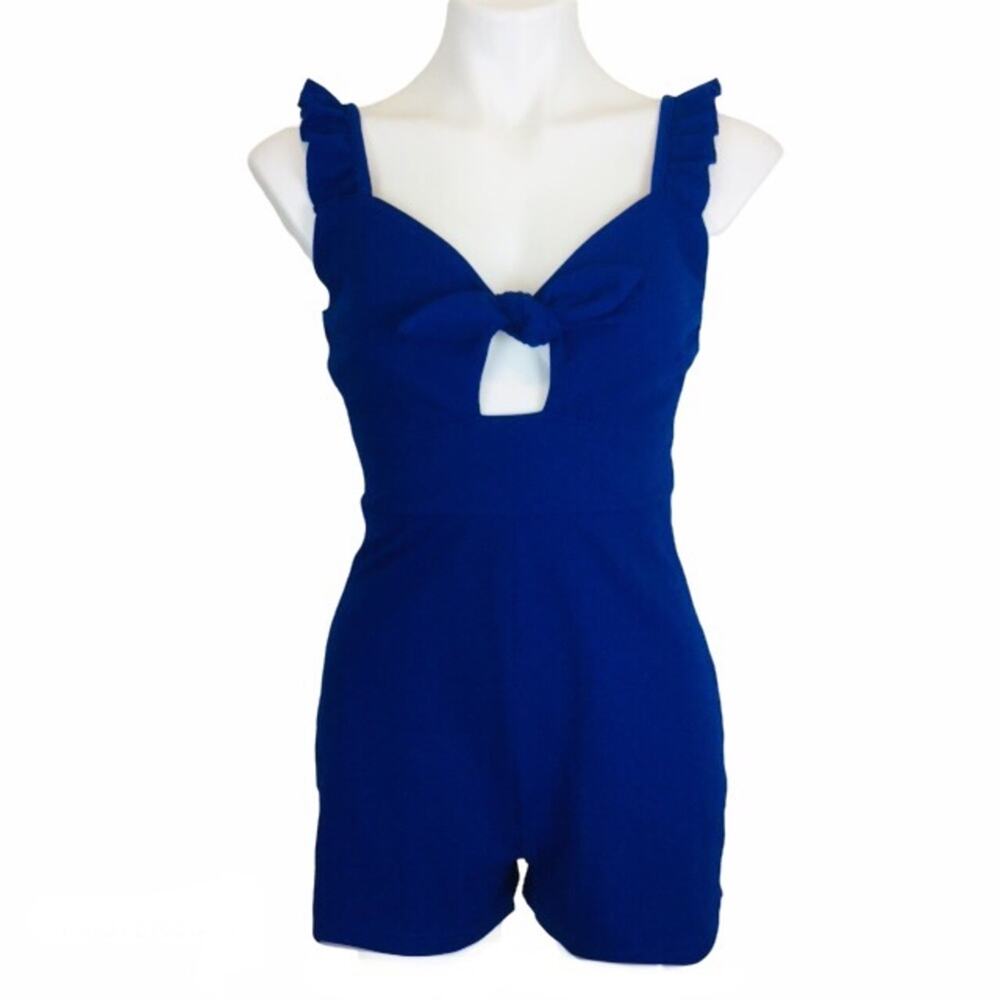 Royal Blue Romper twist tie cut out chest  and ruffled shoulder strap